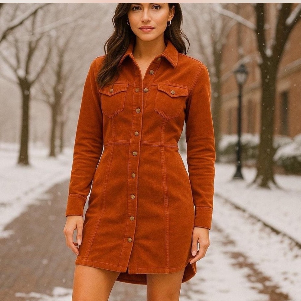 Free People Rust Orange Long Sleeve Button-Front Dress